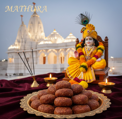 Statue of a deity with traditional attire in front of a temple, accompanied by sweets and incense.