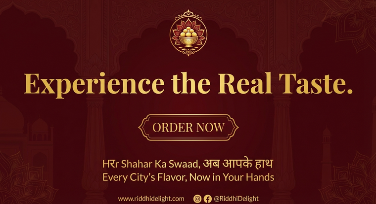 Promotional text for a food brand on a maroon background with gold accents.